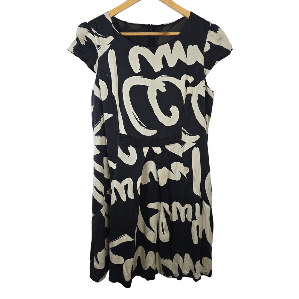 Lan Jue Silk Abstract Graphic Print Cap Sleeve Sheath Dress Black Cream XXL US M